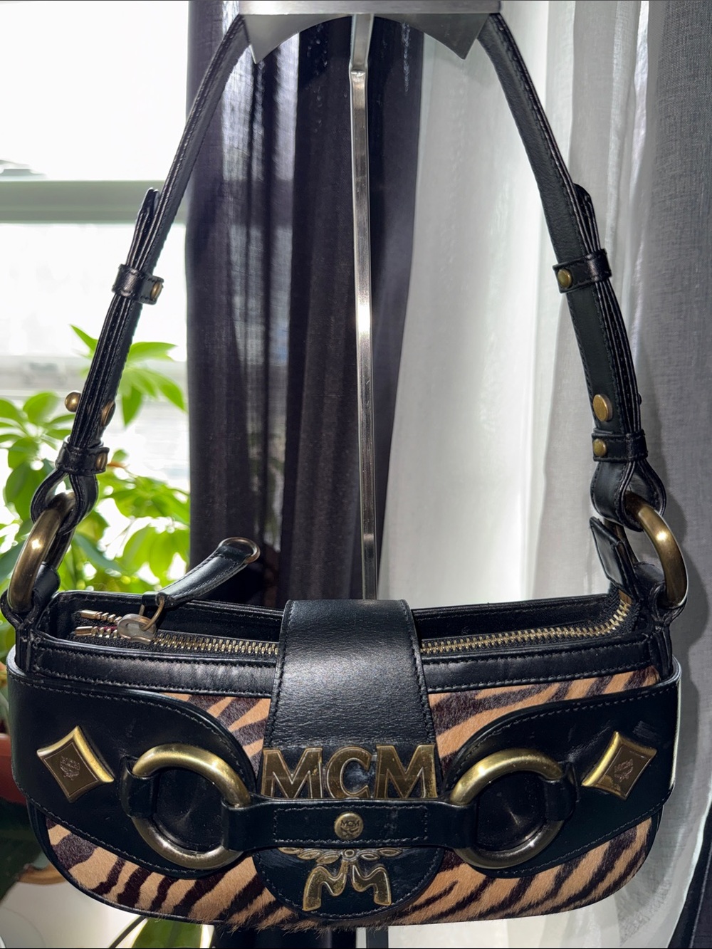 MCM Black & Brown Zebra-Print Shoulder Bag with Gold Hardware